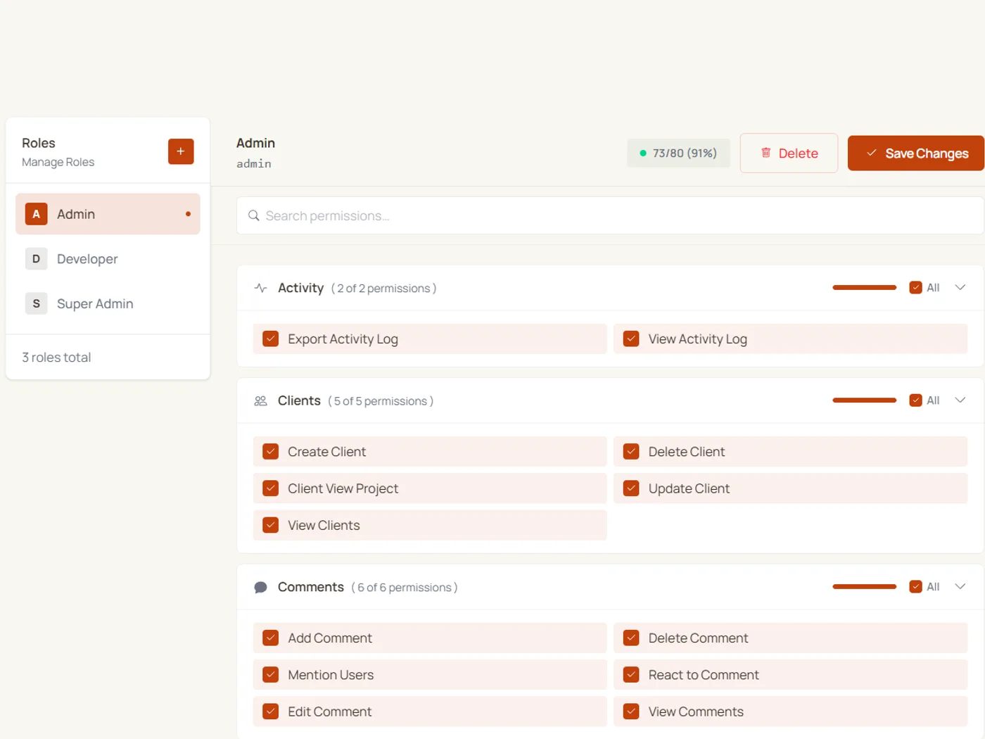 The Tazko role editor showing capability groups for Activity, Clients and Comments, with 73 of 80 permissions enabled for the Admin role