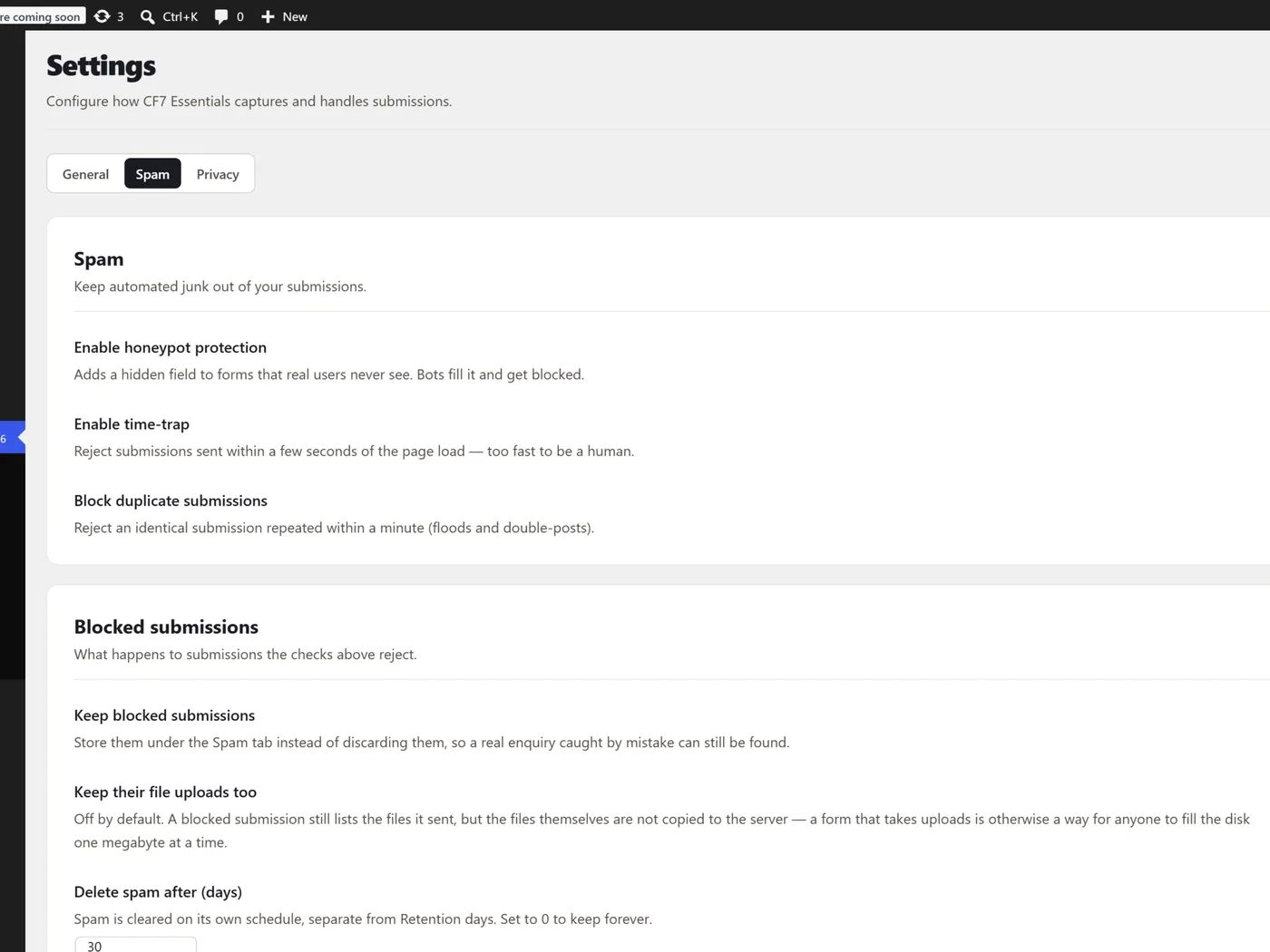 The spam settings screen in Defer Forms, with toggles for honeypot protection, a time-trap and duplicate-submission blocking