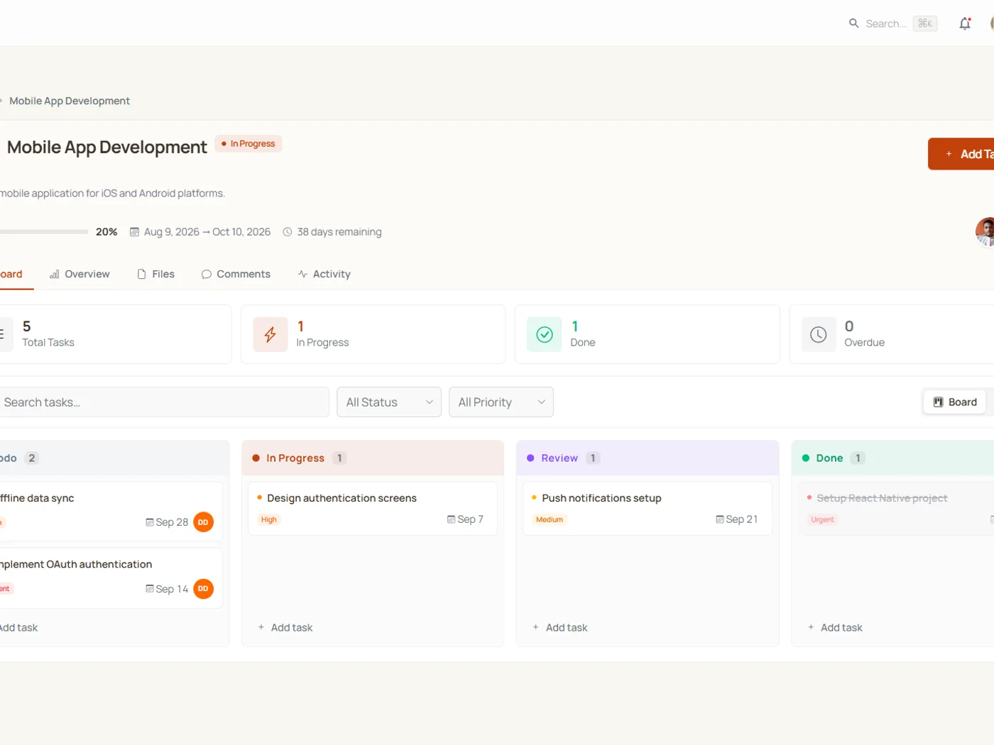 A kanban board in Tazko with Todo, In Progress, Review and Done columns and task cards carrying priority and due date