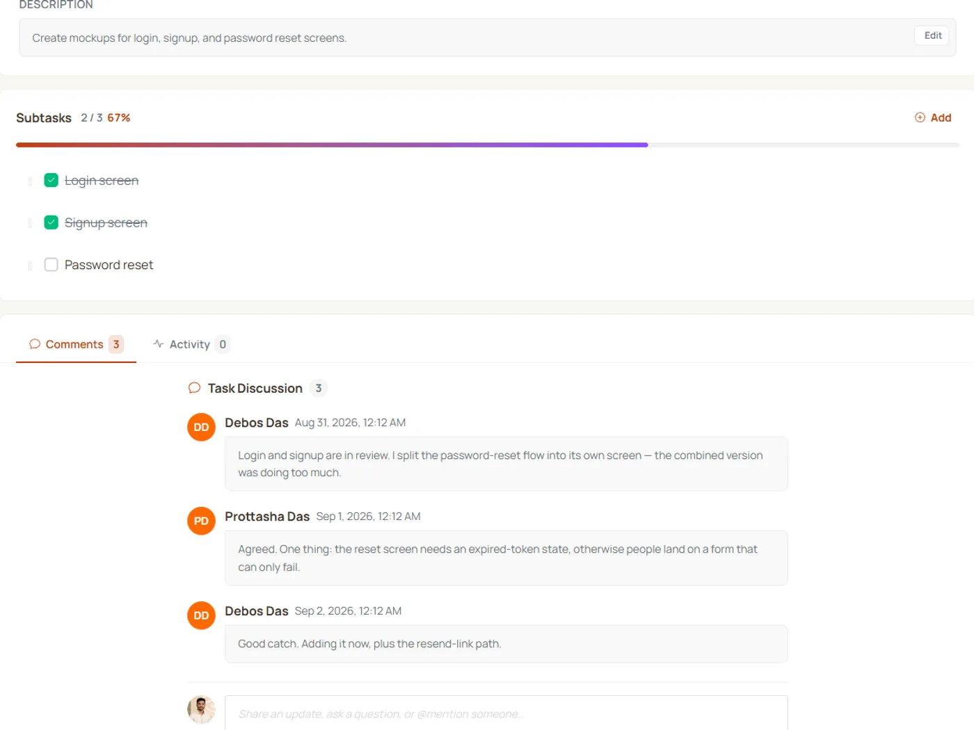 A Tazko task detail view with a subtask checklist at 67 percent and a three-message discussion thread below it