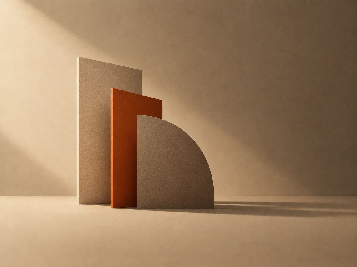 Three overlapping matte planes of unequal size interlocking cleanly, one orange