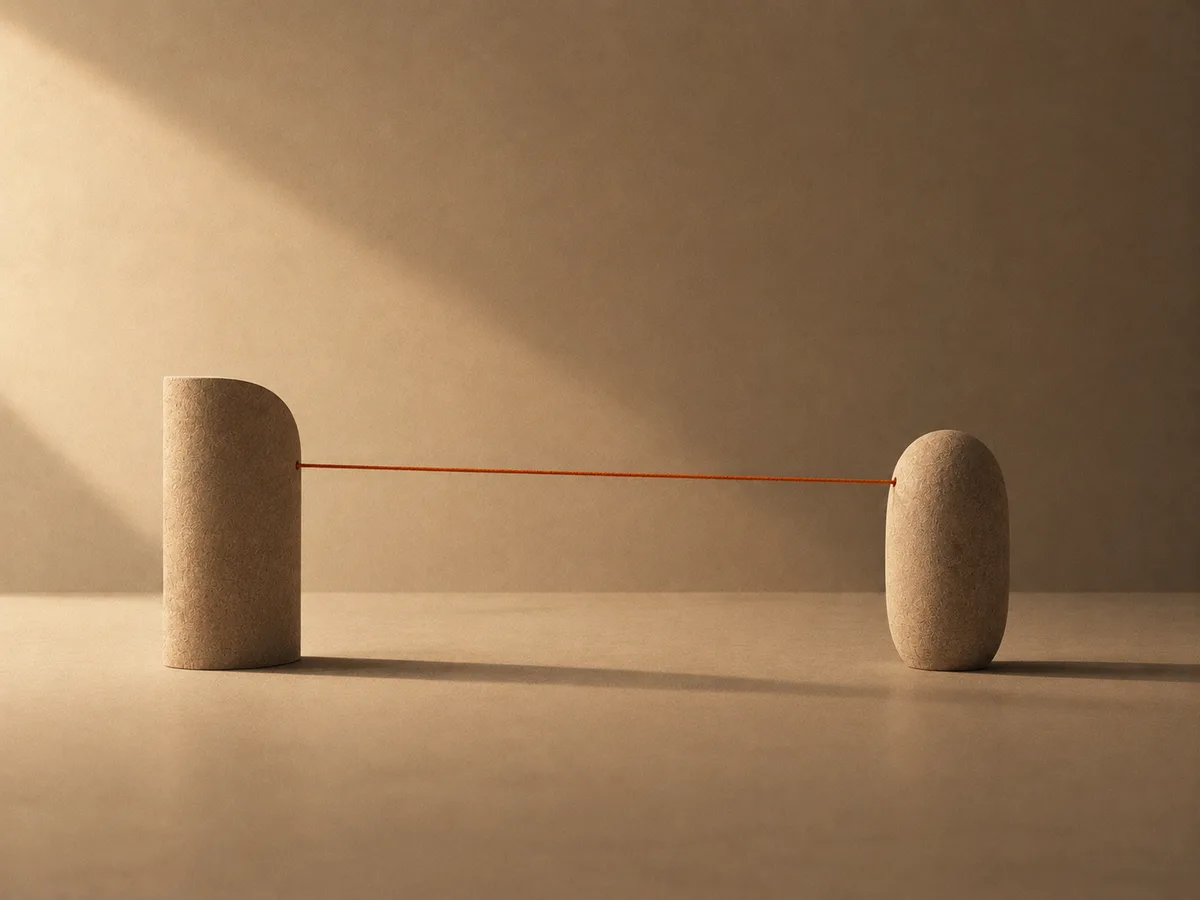Two clay forms standing apart, joined by a single taut orange thread