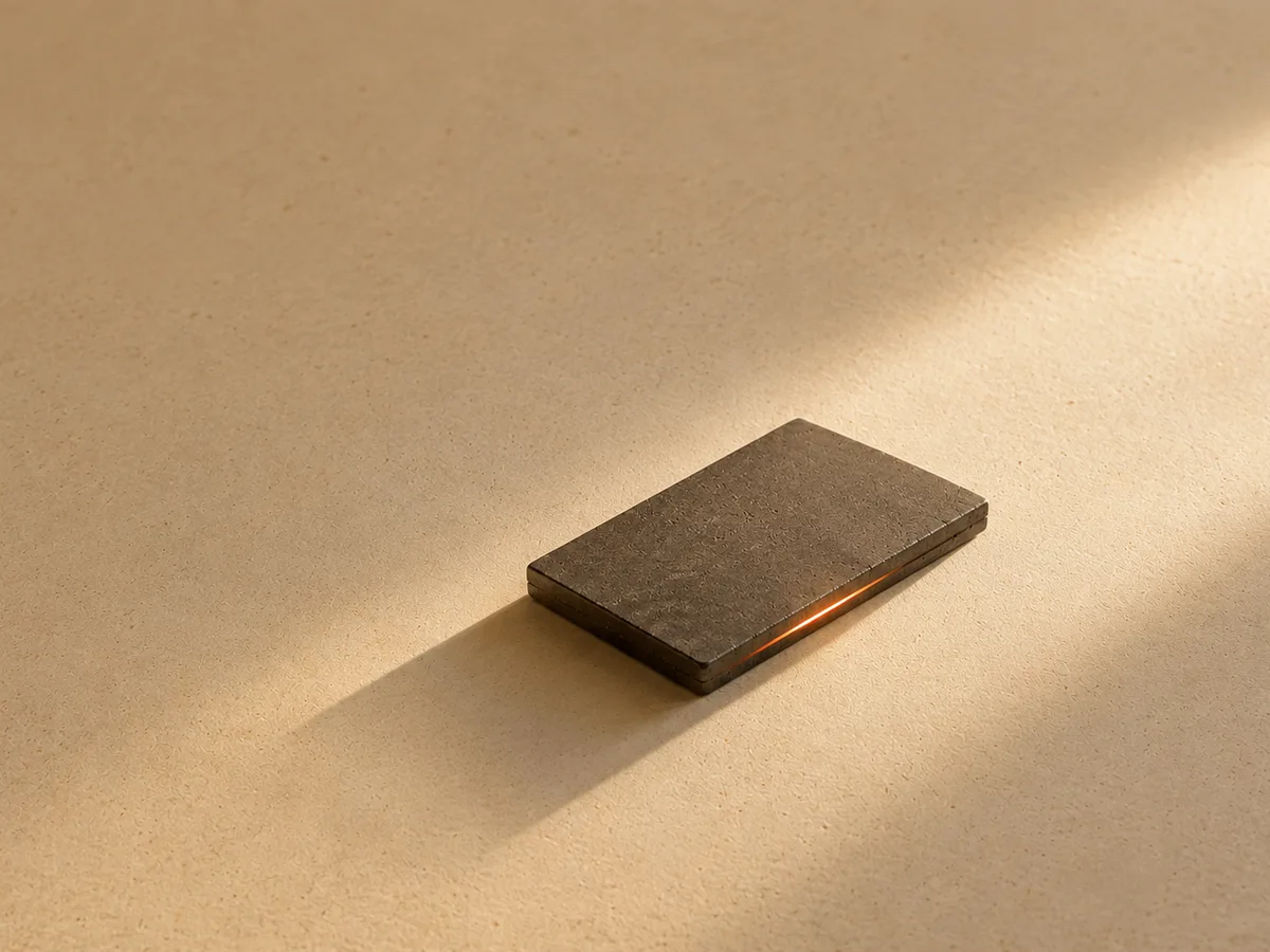 A small dark slab resting on warm paper in a shaft of low sunlight, a thin orange glow along one edge
