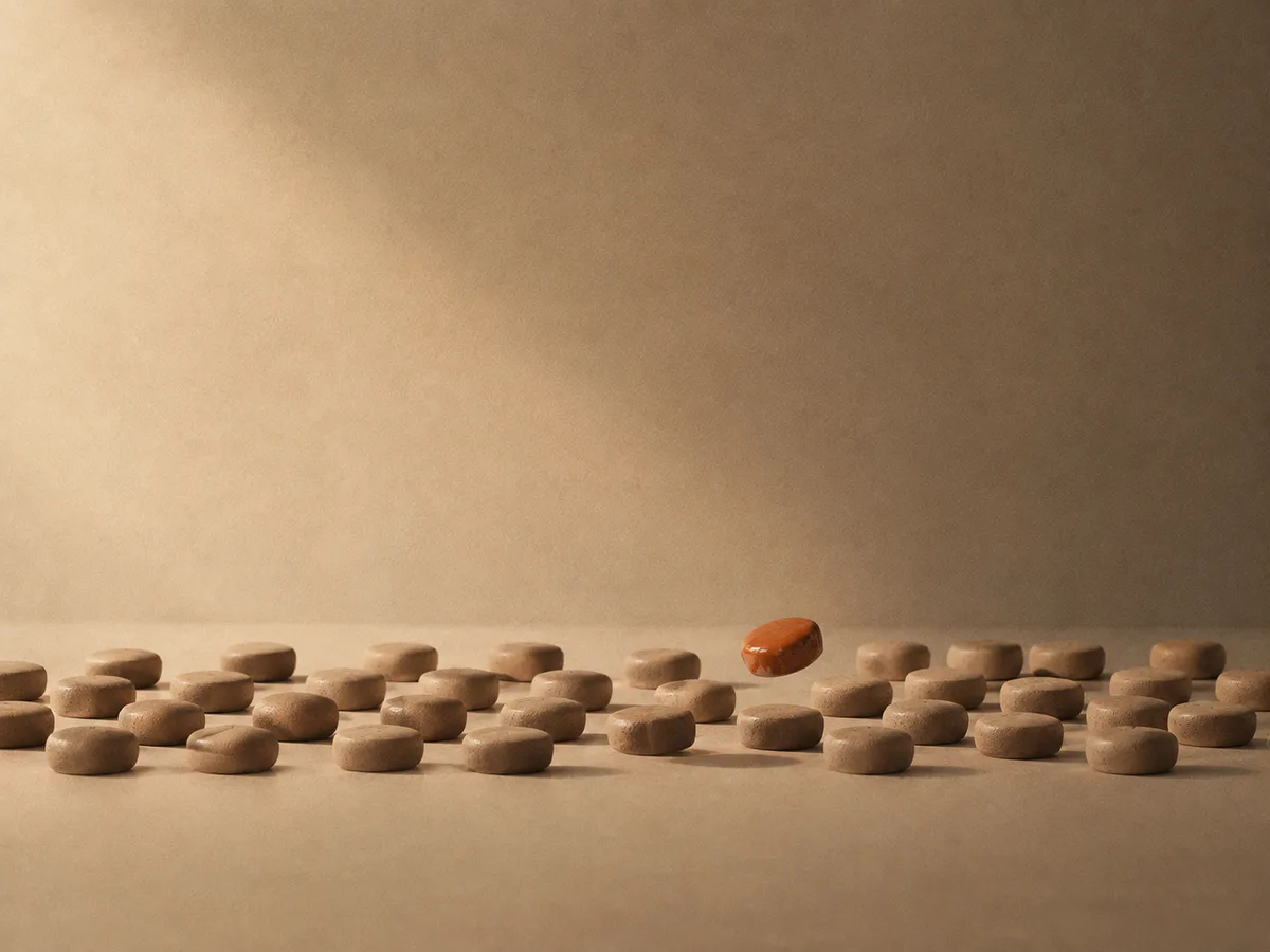 Many identical clay tokens laid out in loose rows, one of them glazed orange