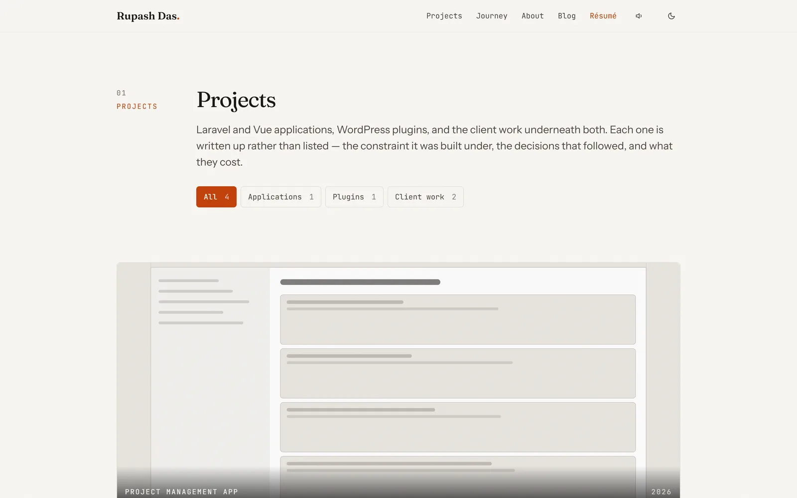 The projects page, filtered to All, showing the four real case studies with their category counts
