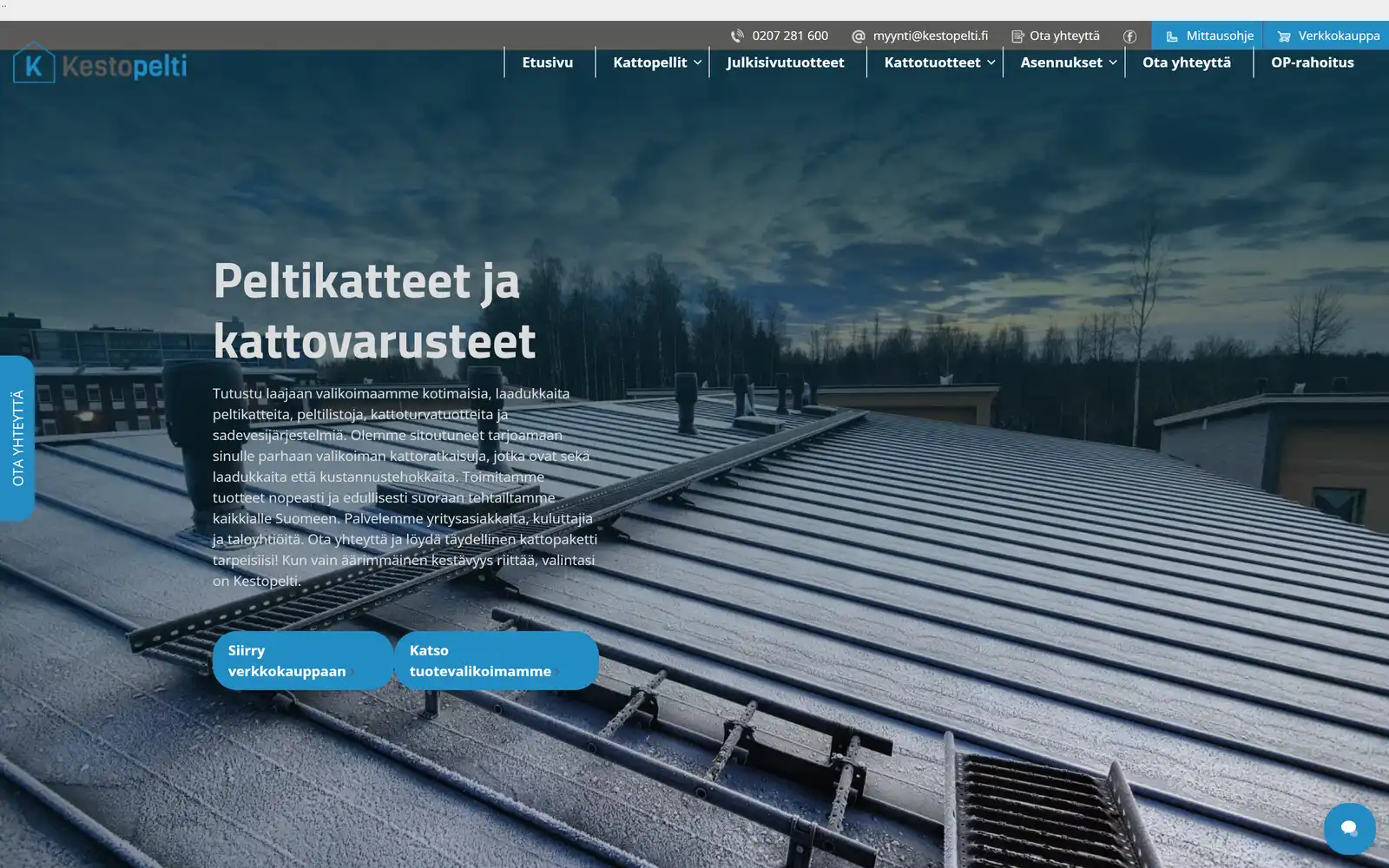The Kestopelti homepage, showing a full-bleed roofing photograph behind the headline "Peltikatteet ja kattovarusteet" and the site's top navigation