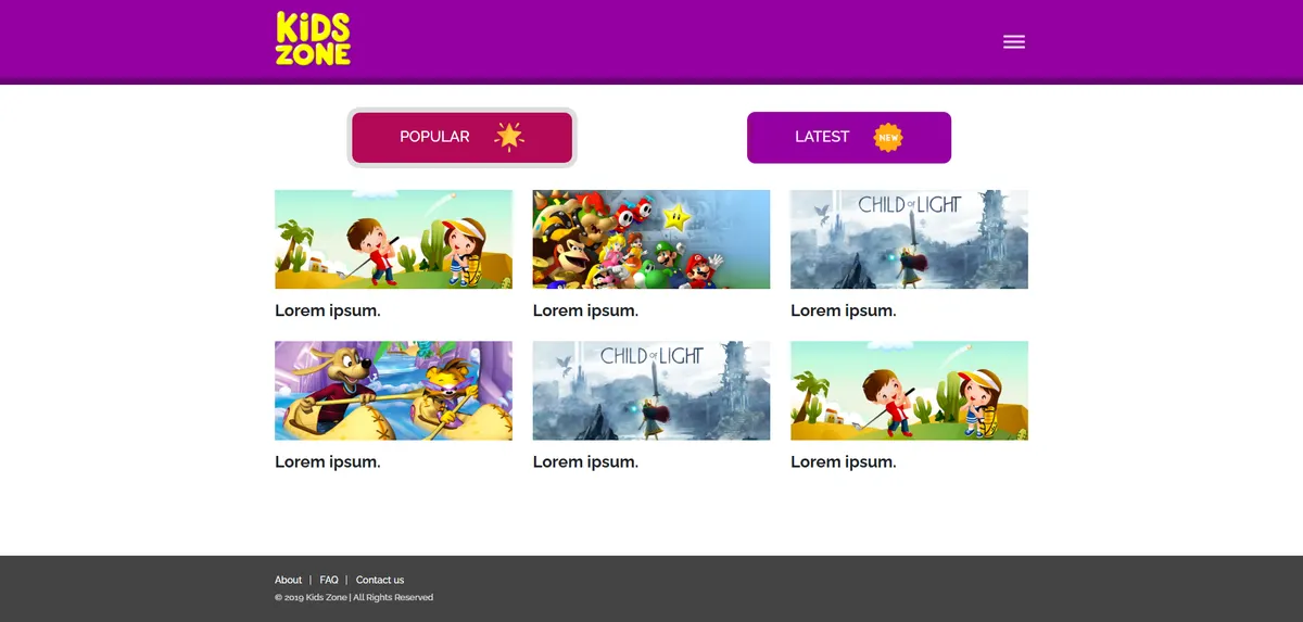 The Kids Zone homepage with Popular and Latest game tabs