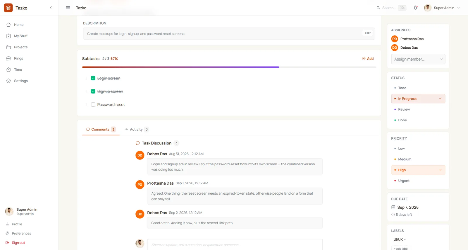 A Tazko task detail screen showing subtasks at 67 percent, a three-message discussion thread, assignees, status and priority