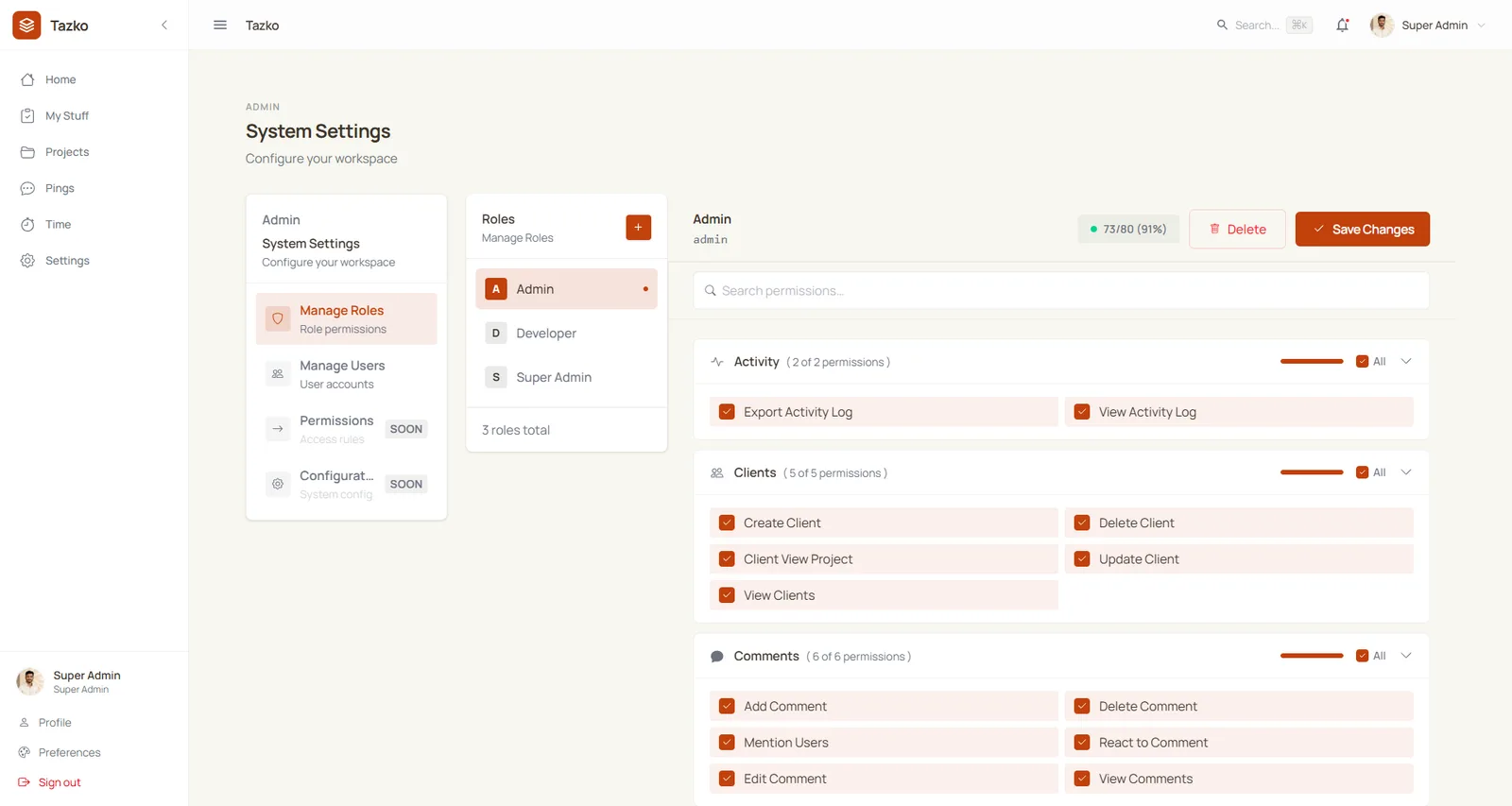 The Tazko role editor, showing the Admin role with 73 of 80 permissions enabled, grouped into modules